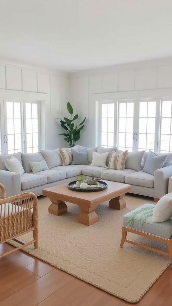 A bright coastal living room featuring light-colored furniture, pastel cushions, a wooden coffee table, and rattan chairs.