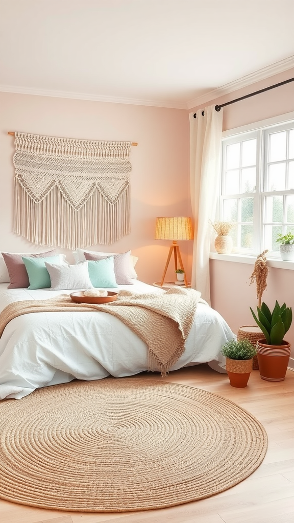 A cozy boho coastal bedroom featuring soft pastel tones, a macramé wall hanging, and potted plants.