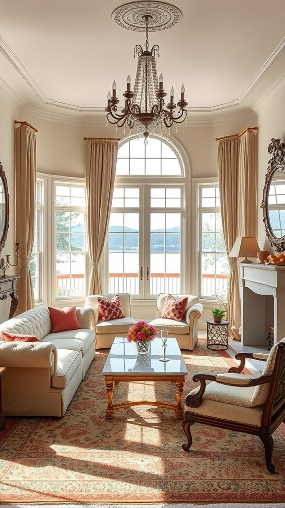 A classic elegant living room with large windows overlooking a lake, featuring a chandelier, plush seating, and decorative accents.