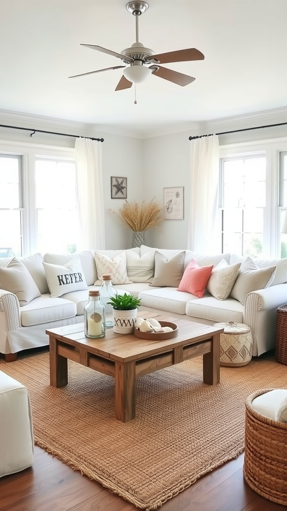 Cozy boho coastal farmhouse living room with a sectional sofa, wooden coffee table, and natural light.