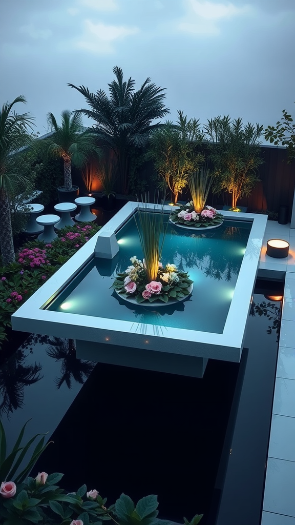 A beautifully landscaped floating garden pool showcasing flowers and lush greenery