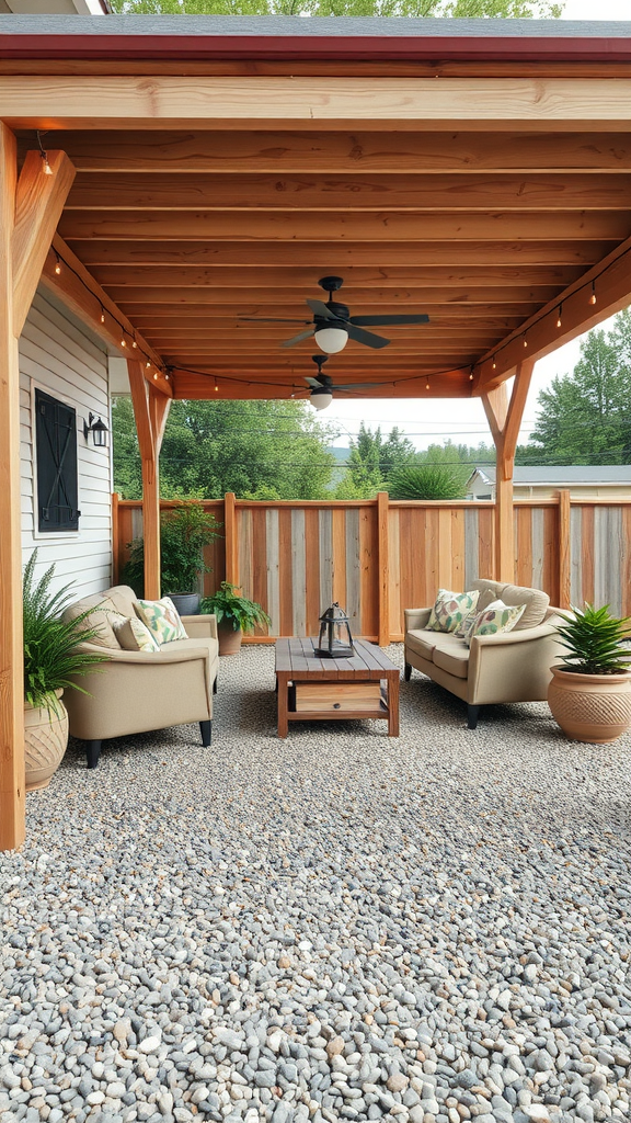 Cozy outdoor gravel patio with wooden deck overhang and comfortable seating