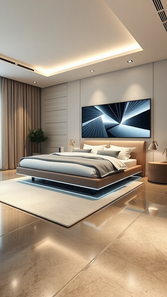 A modern high-tech bedroom with a sleek bed, smart lighting, and a wall-mounted TV