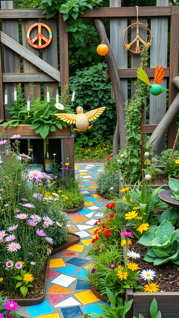 A colorful hippie garden featuring recycled art, flowers, and a winding stone pathway.