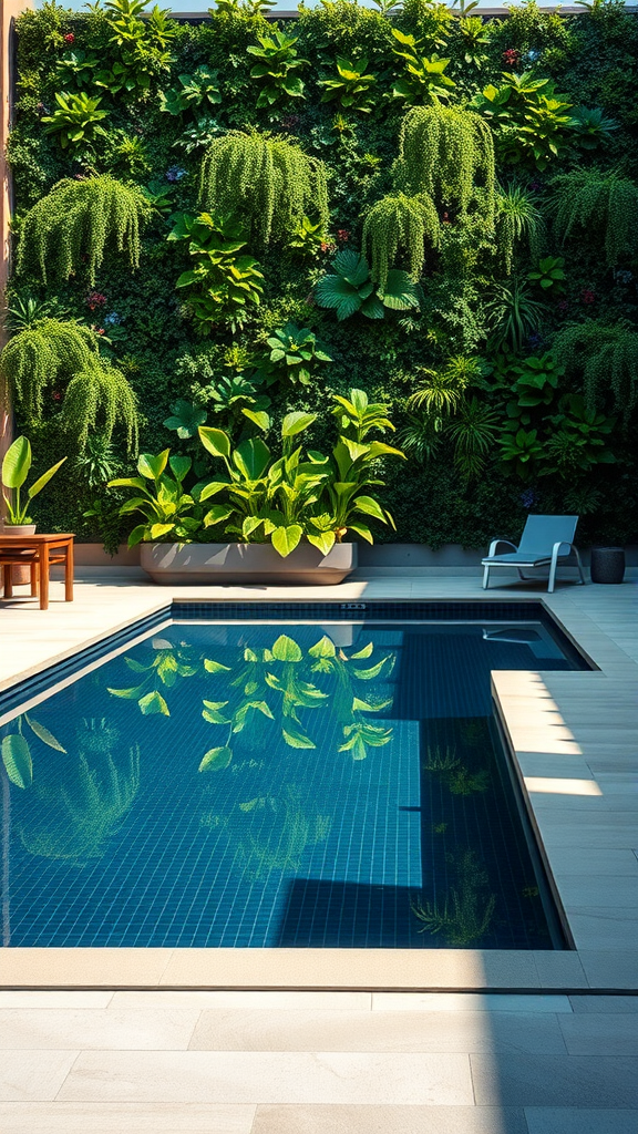 A modern pool surrounded by a vertical garden wall, showcasing lush greenery and a tranquil atmosphere.