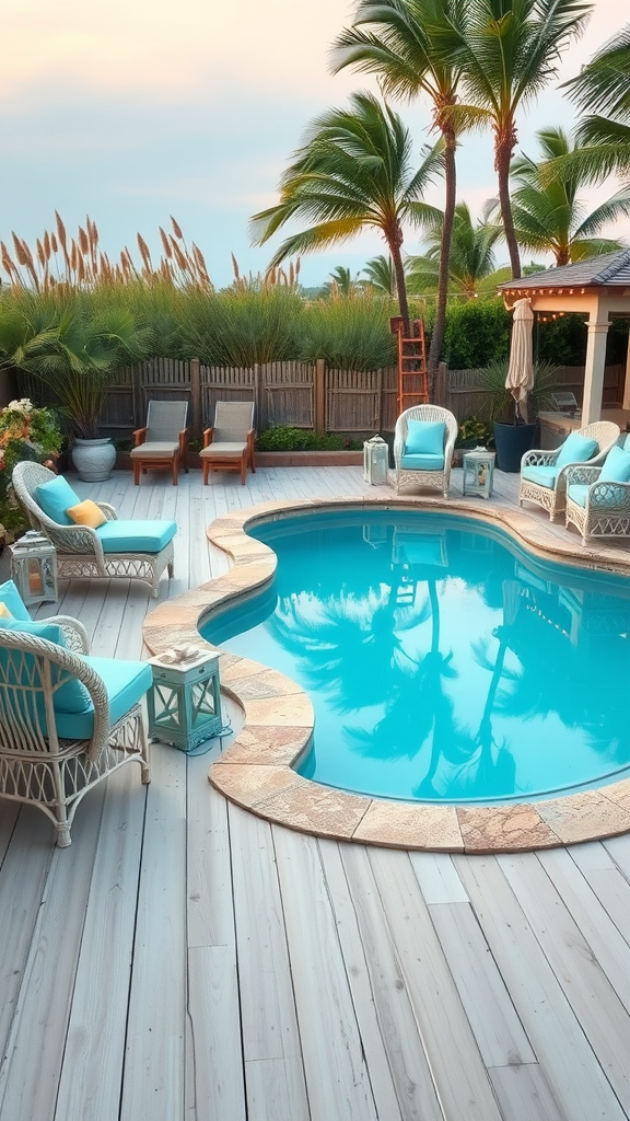 A rustic beach house pool deck featuring a blue pool, wicker chairs with cushions, palm trees, and wooden flooring.