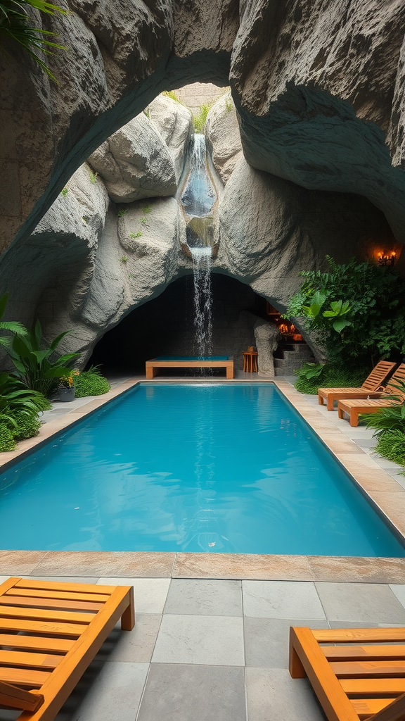 A small pool surrounded by rocks and a waterfall, with lounge chairs nearby.