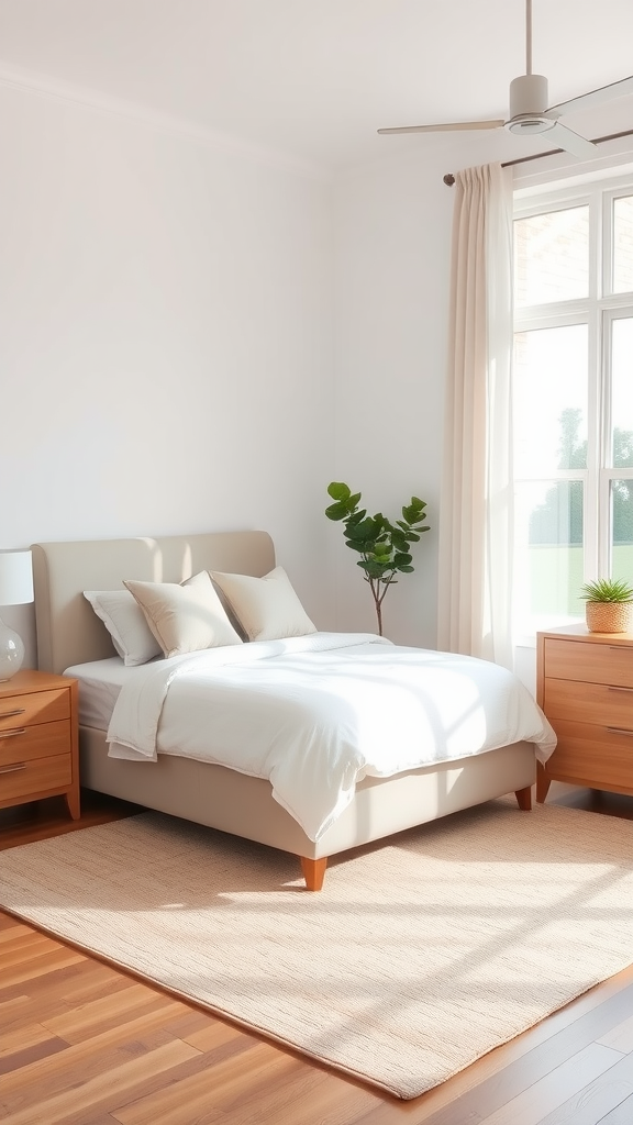 A bright transitional bedroom with a neutral color palette, featuring a cozy bed, nightstands, and a large window with natural light.