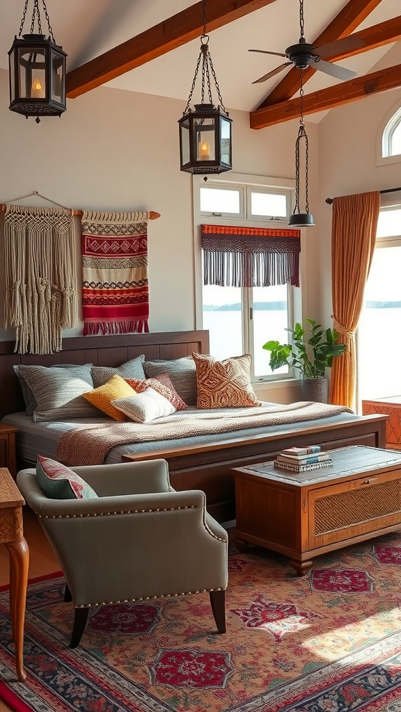 A cozy Boho luxe lake house bedroom featuring a large bed with colorful pillows, woven wall hangings, wooden beams, and a view of the lake.