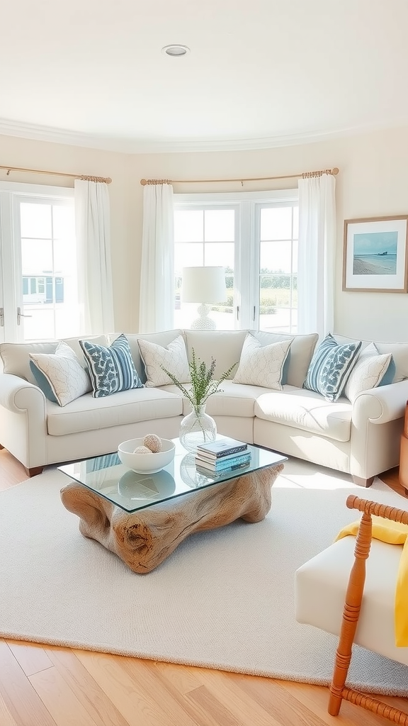 A bright coastal living room with a white sofa, blue pillows, a wooden coffee table, and large windows.