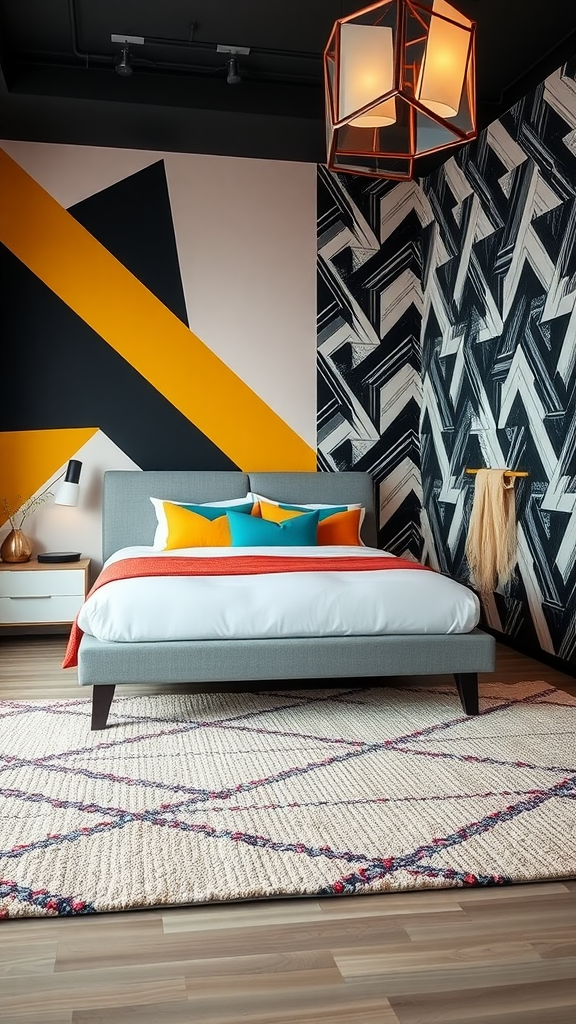 A modern bedroom featuring geometric patterns on the walls, colorful pillows on the bed, and stylish pendant lighting.