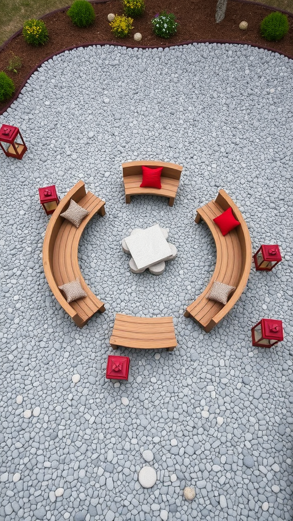 Aerial view of a gravel patio featuring a circular seating area with wooden benches and colorful cushions.