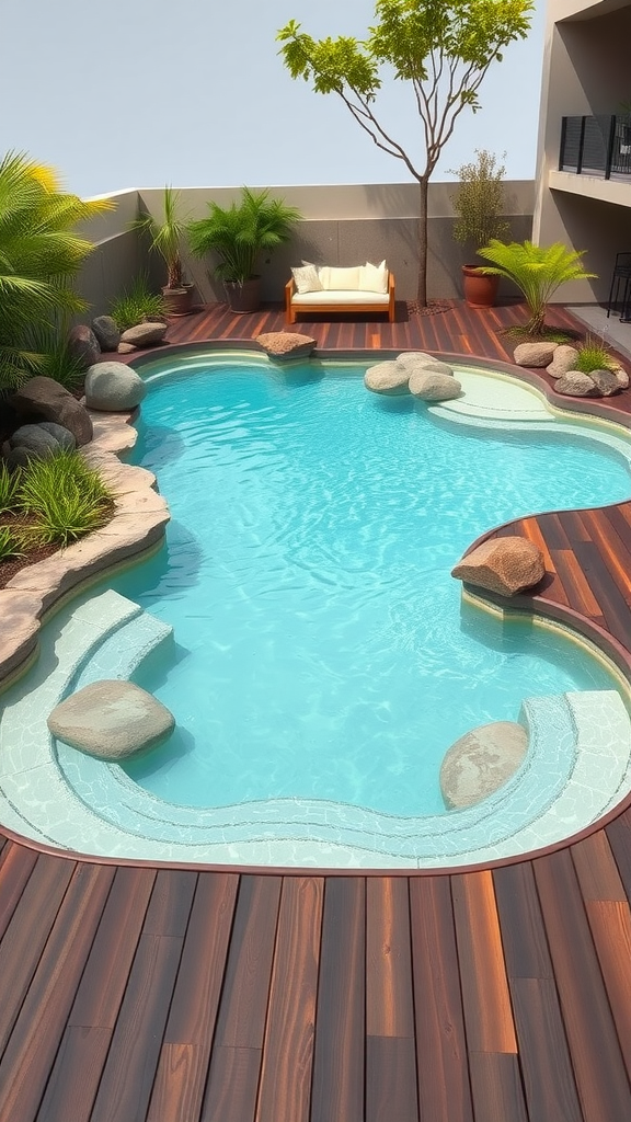 A lagoon-style swimming pool surrounded by wooden decking, featuring natural stones and lush greenery.