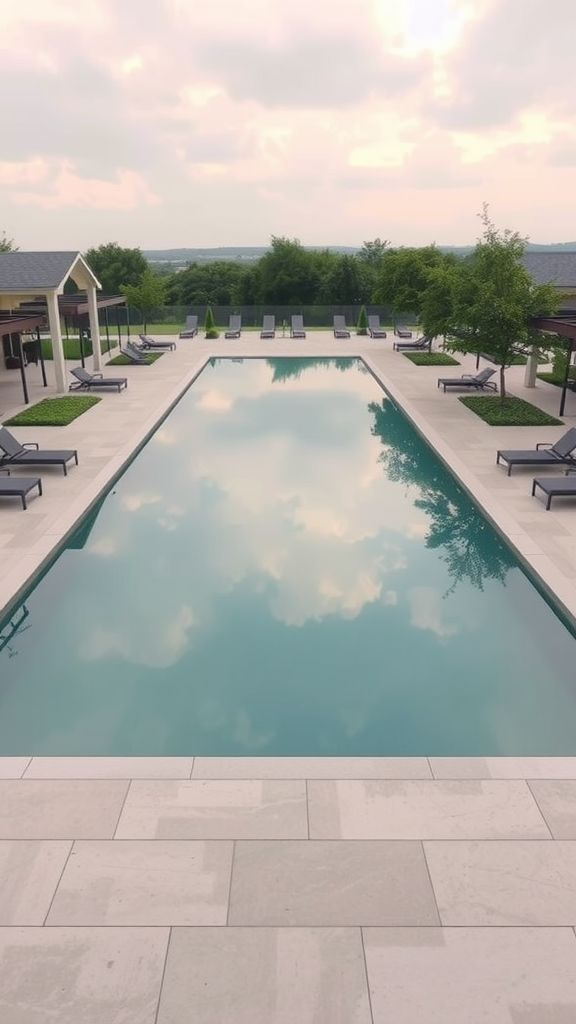 A modern pool with a reflection pond surrounded by lounge chairs and greenery.