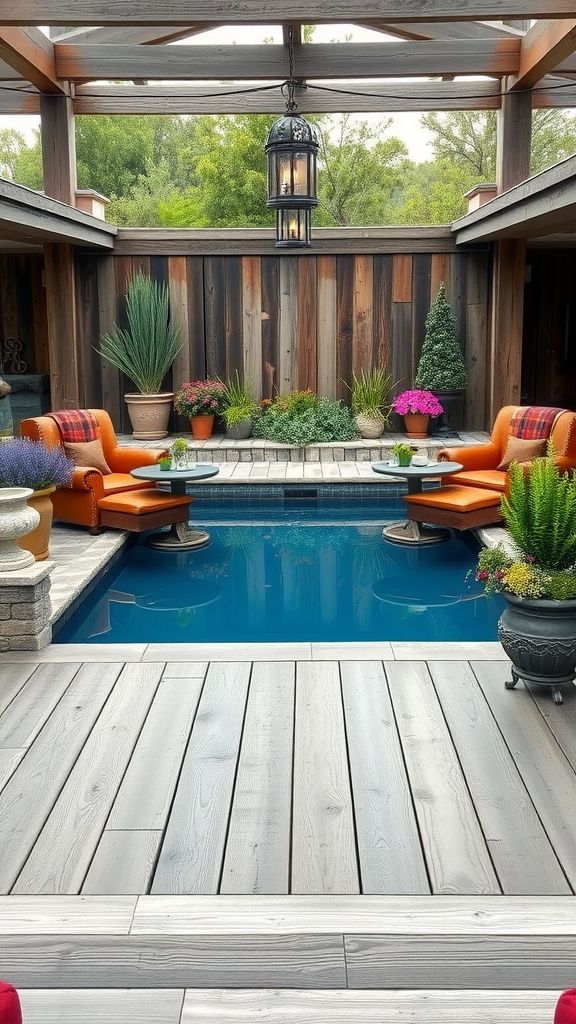 A rustic chic pool deck featuring orange chairs, potted plants, and a lantern above.