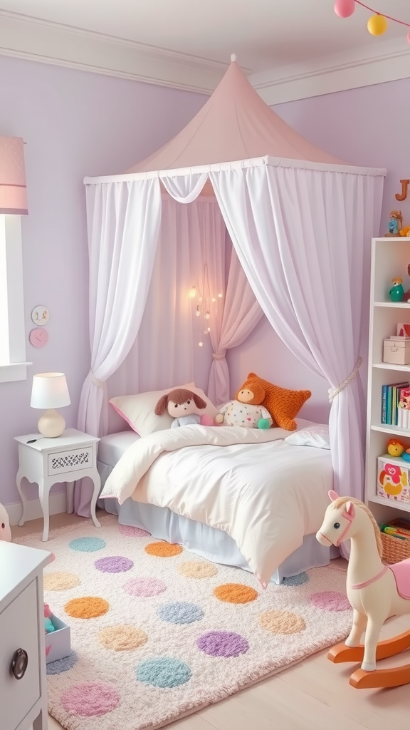 A whimsical children's bedroom featuring a bed with a canopy, colorful rug, and plush toys.