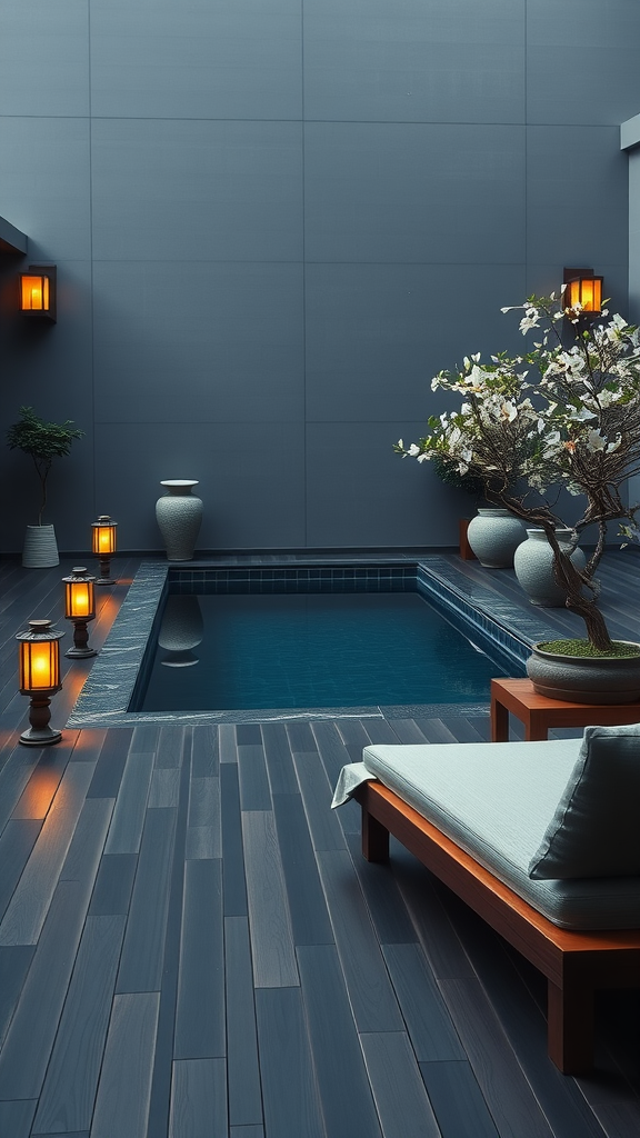 Tranquil Asian-inspired pool deck with lanterns, plants, and a small pool