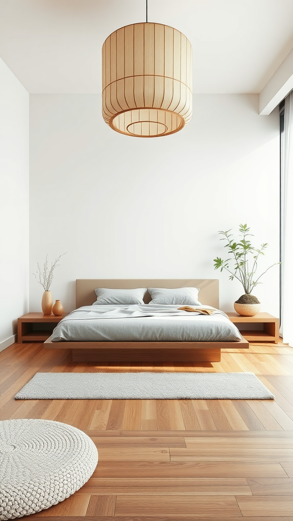 A modern bedroom with a low wooden bed, pendant light, and plants, creating a tranquil atmosphere.