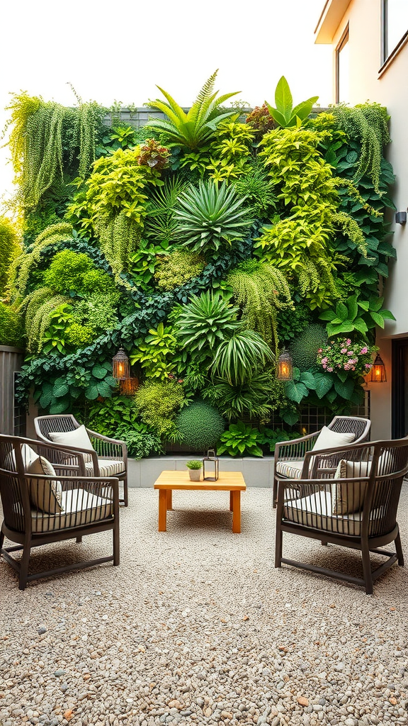 Cozy gravel patio with vertical garden wall and seating area