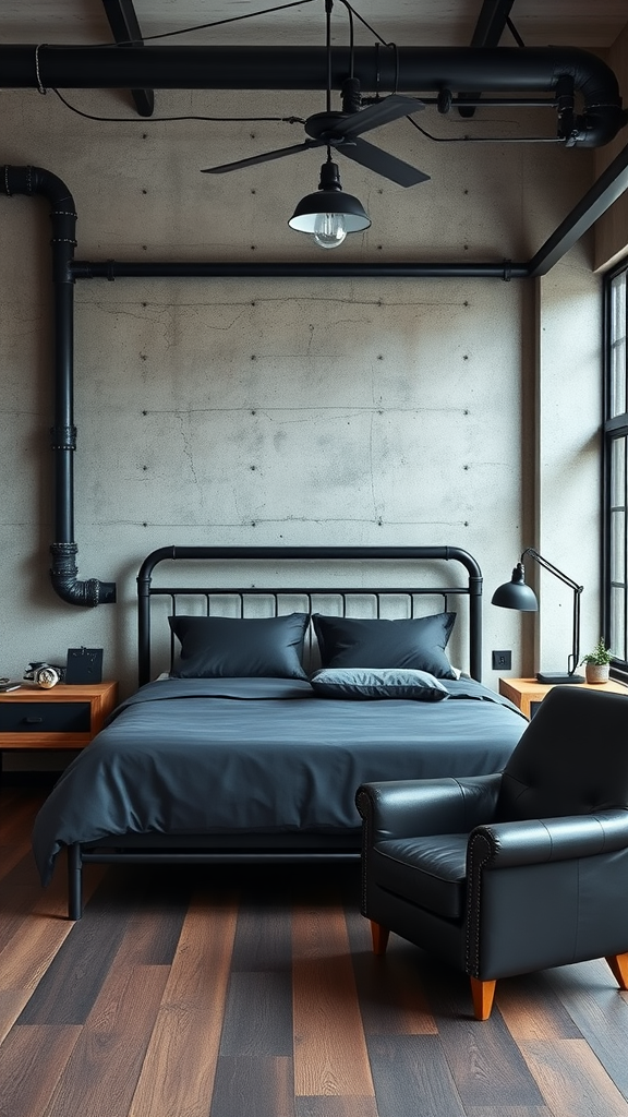 Industrial chic bedroom featuring a metal bed frame, dark bedding, a black armchair, and exposed pipes on a concrete wall.