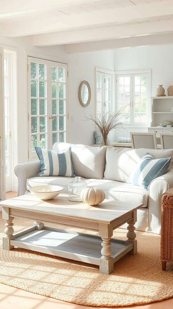 A bright coastal living room with a light sofa, striped pillows, a wooden coffee table, and a woven rug.