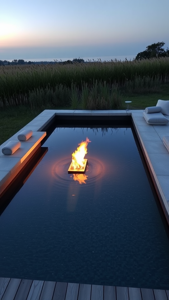 Modern pool with built-in seating and a fire feature at dusk