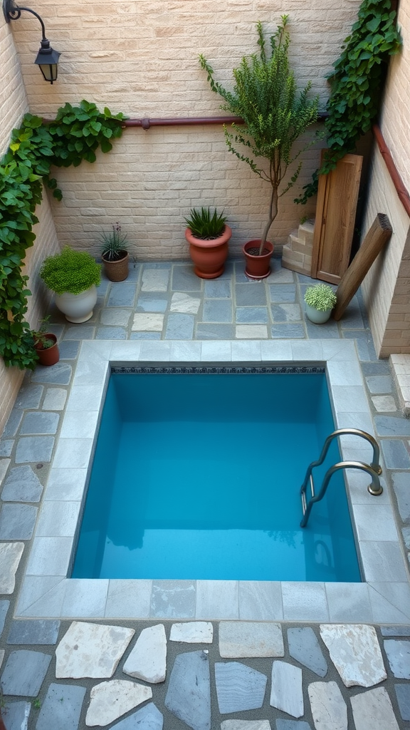 Small pool surrounded by paver stones and plants