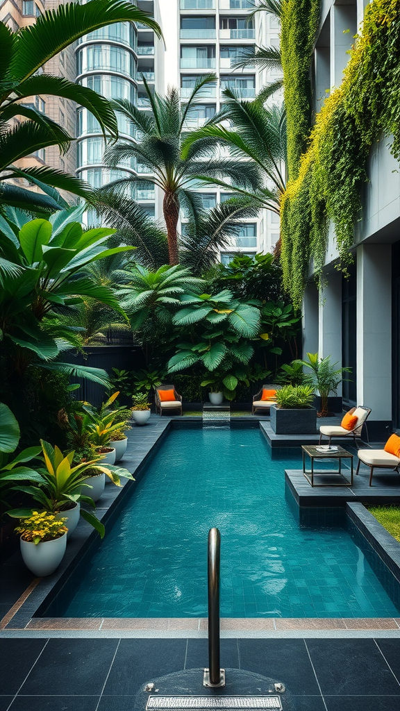 A beautifully landscaped urban pool surrounded by lush green plants and palm trees, featuring comfortable lounge chairs.