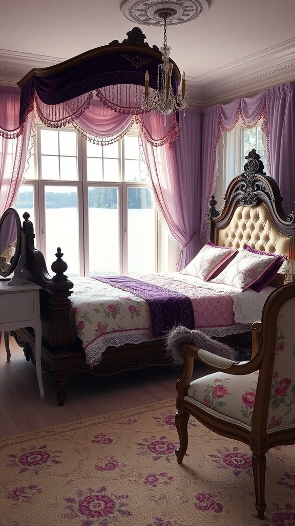 A Victorian-style bedroom with a large ornate bed, purple drapes, and a view of a lake through big windows.