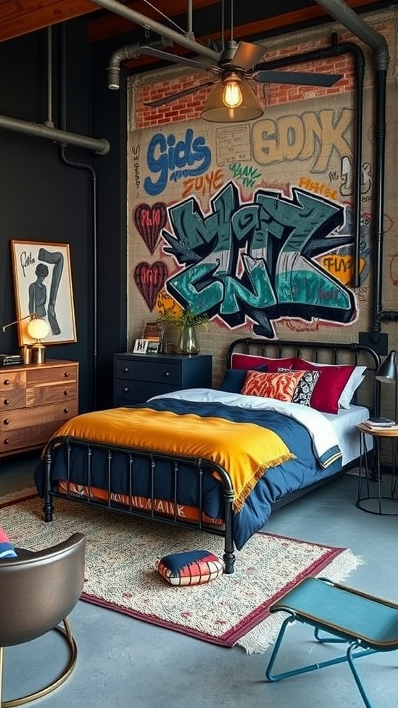 An eclectic urban bedroom featuring a graffiti wall, a black metal bed, colorful bedding, and modern furniture.