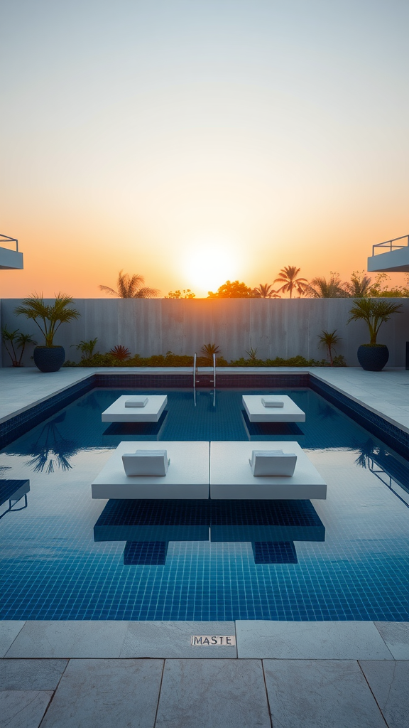 Modern pool with floating lounge chairs at sunset.