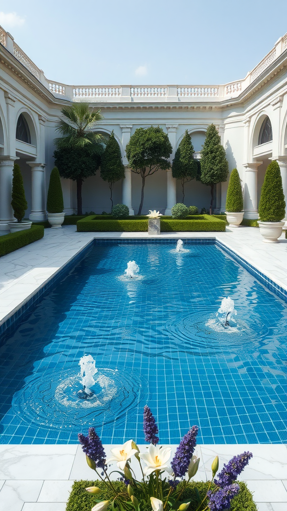 A luxurious pool surrounded by marble, featuring fountains and landscaped greenery.