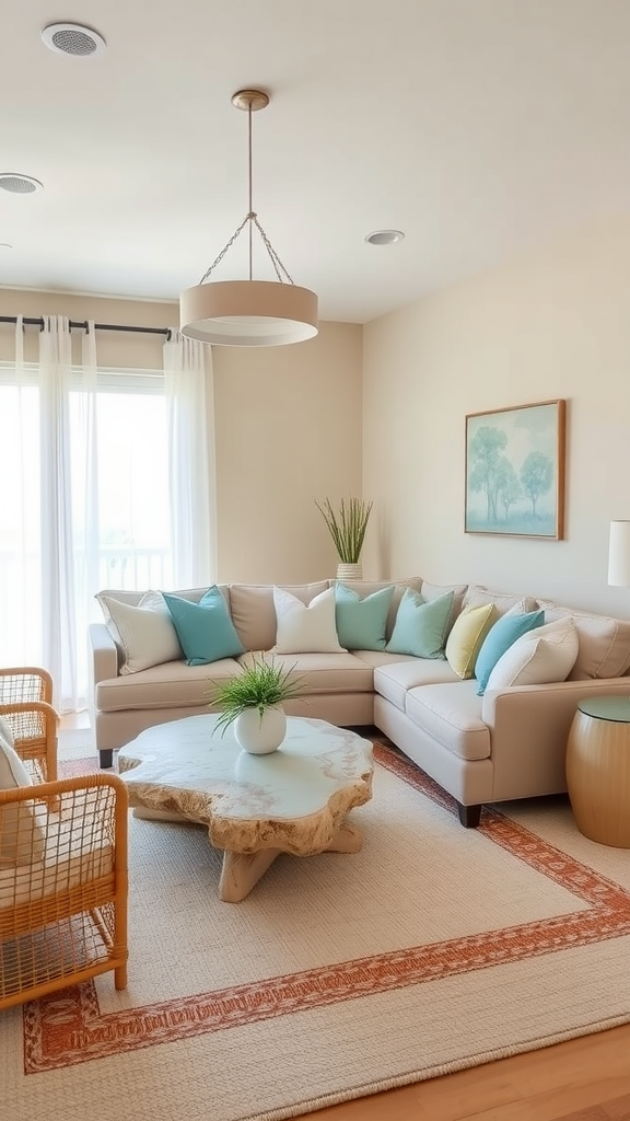 A cozy coastal living room featuring a sectional sofa, natural wood coffee table, and cheerful decor.