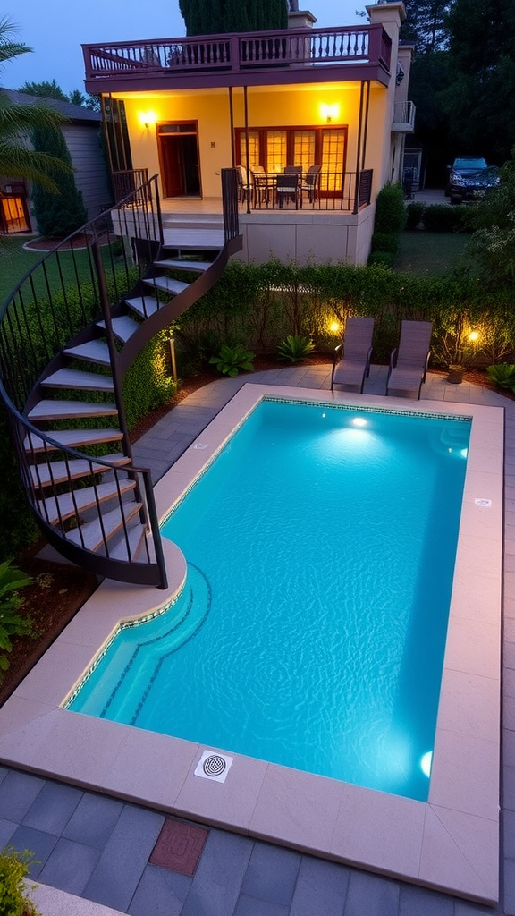 Small pool with a spiral staircase beside it