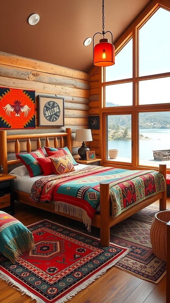 A cozy Southwestern lake house bedroom with wooden walls, a large window revealing a lake view, a patterned bedspread, and vibrant decor.