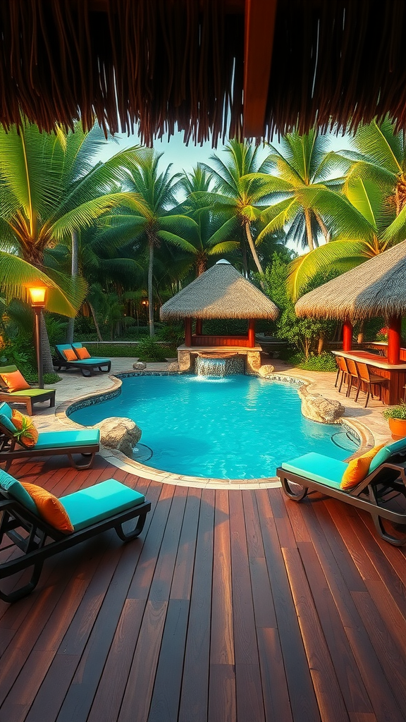 A tropical pool deck with lounge chairs, palm trees, and a waterfall.