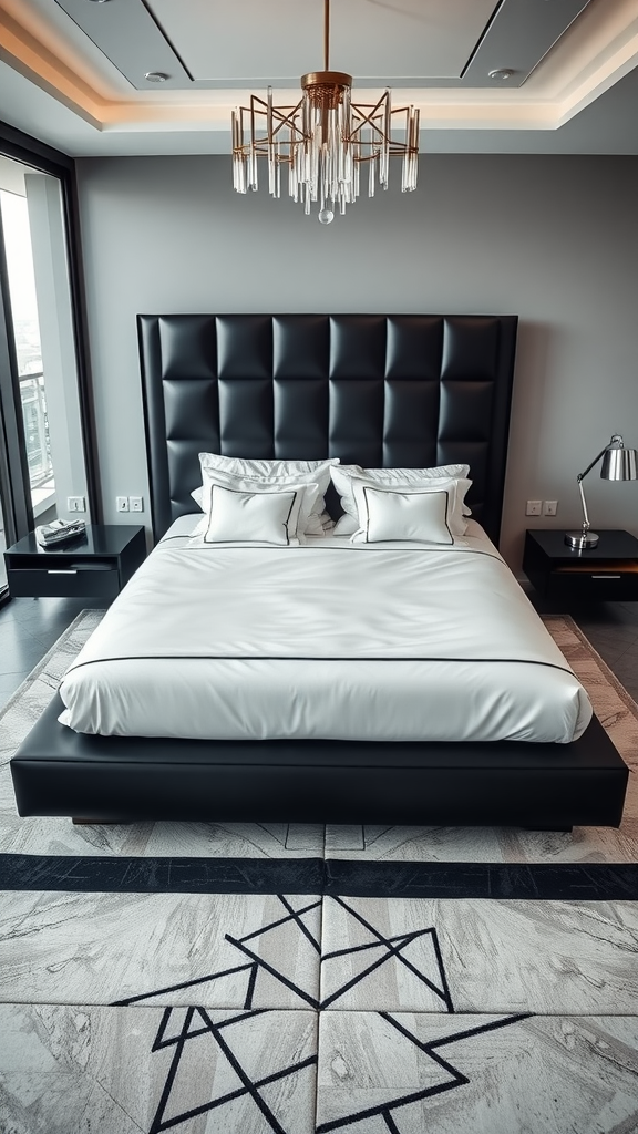 A luxurious ultra-modern bedroom featuring a black tufted headboard, white bedding, and a stylish chandelier.