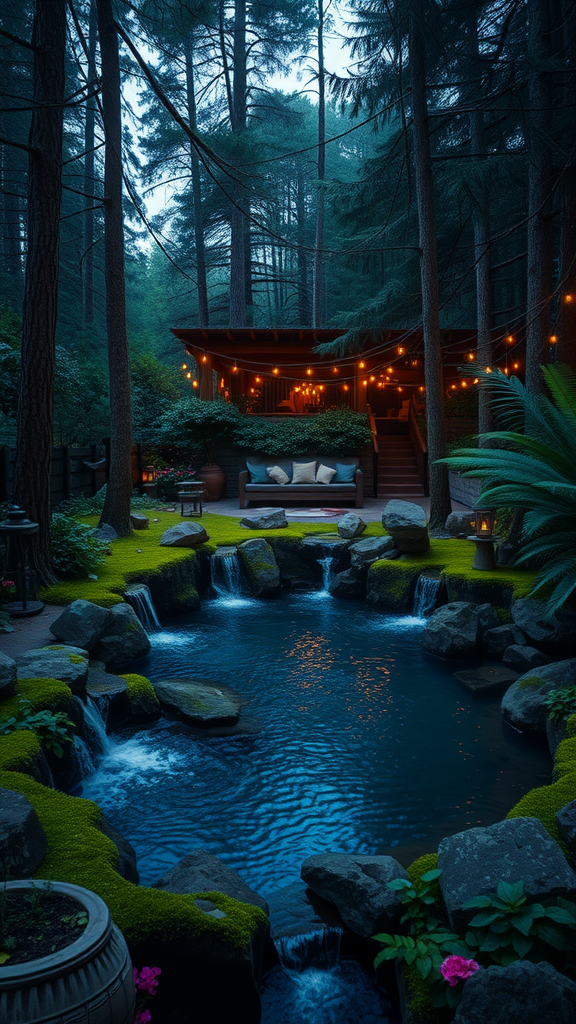 A serene woodland pool area with flowing water, rocks, and a cozy seating space under string lights.