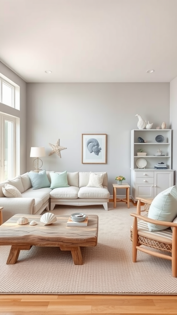 A neutral coastal living room featuring a light-colored sofa, wooden coffee table, and coastal decor.