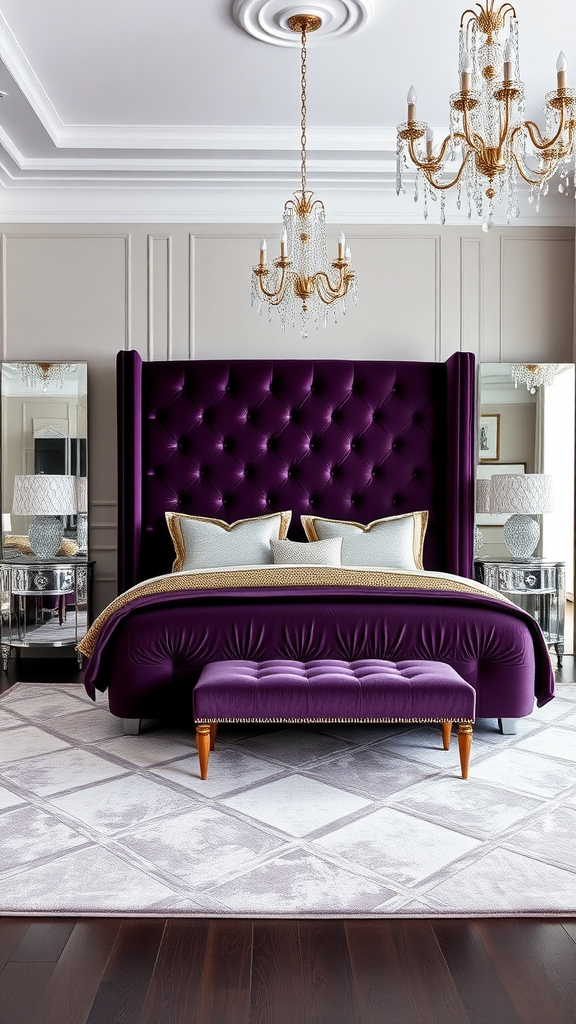 A luxurious Hollywood Regency bedroom featuring a tufted purple bed, elegant chandeliers, and mirrored furniture.