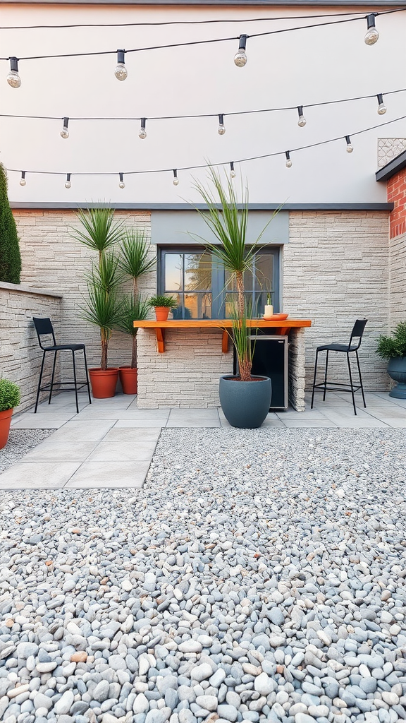 Gravel patio featuring an outdoor bar, surrounded by plants and string lights.