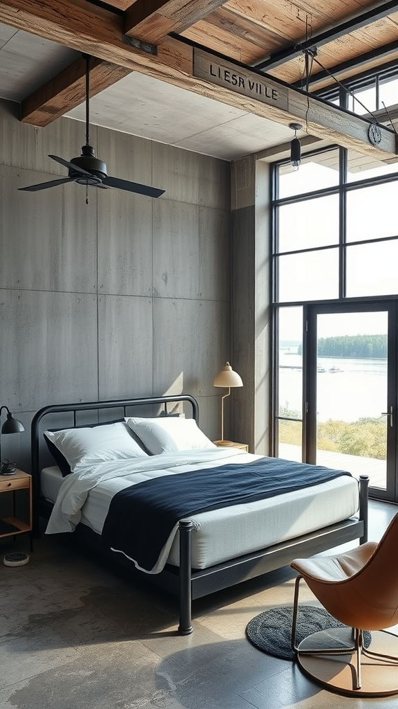 Industrial style bedroom with concrete walls, wooden beams, large windows, and a black metal bed frame