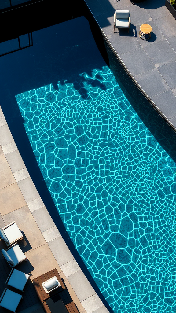 A modern pool with a glass floor reflecting sunlight, surrounded by wooden decking and comfortable seating.