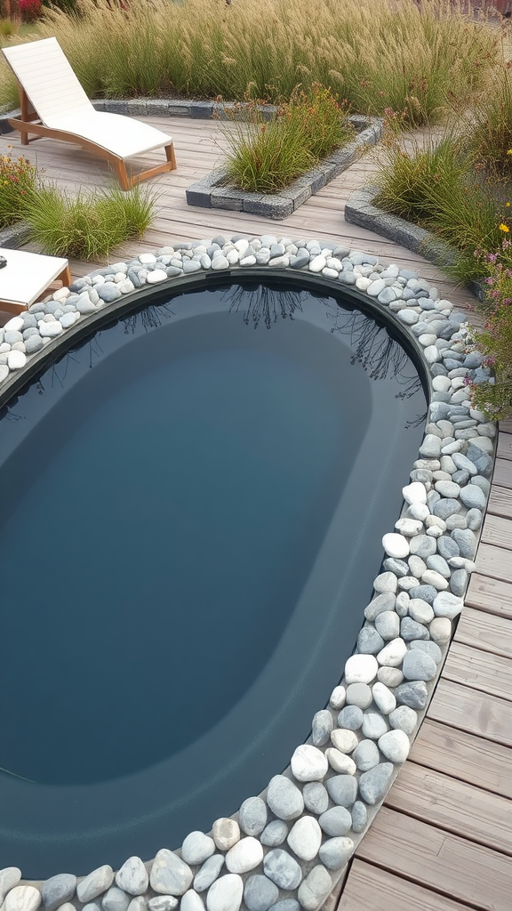 A small oval pool with pebble-lined edges, surrounded by wooden decking and lush greenery.