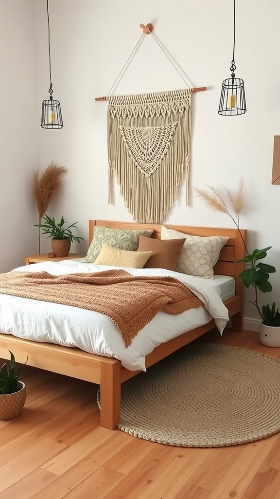 A cozy Boho Minimalist bedroom featuring a wooden bed, macramé wall hanging, hanging lights, and indoor plants.