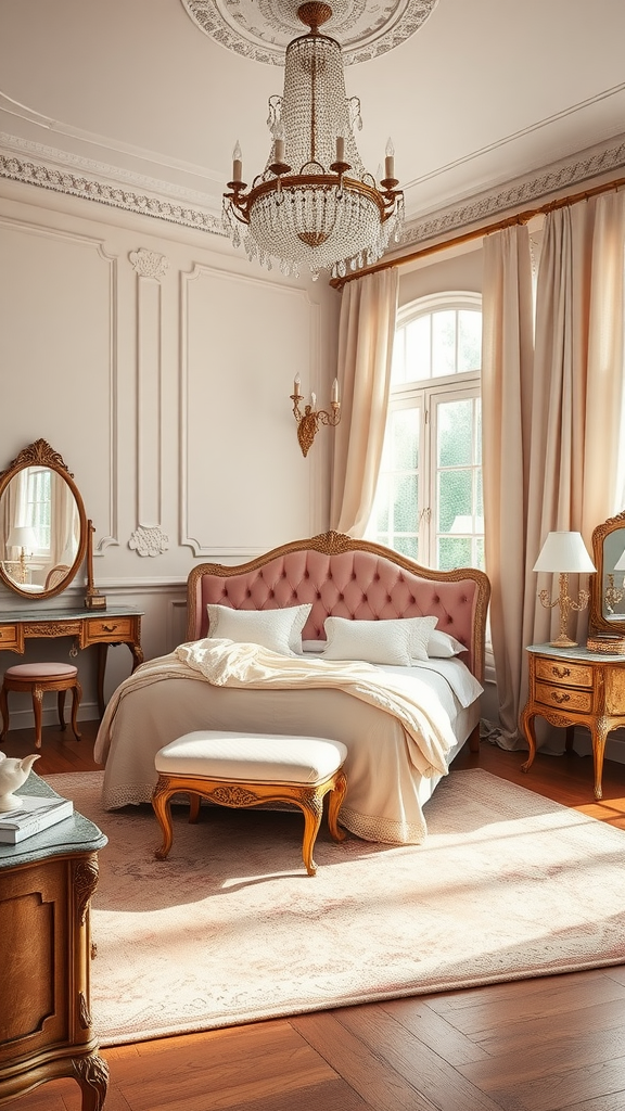 Elegant Parisian bedroom with a pink tufted headboard, chandelier, and antique-style furniture.