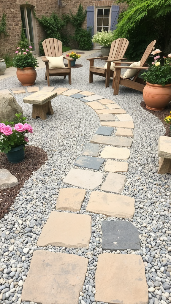 A gravel patio featuring a rustic stone pathway, wooden chairs, and potted plants.