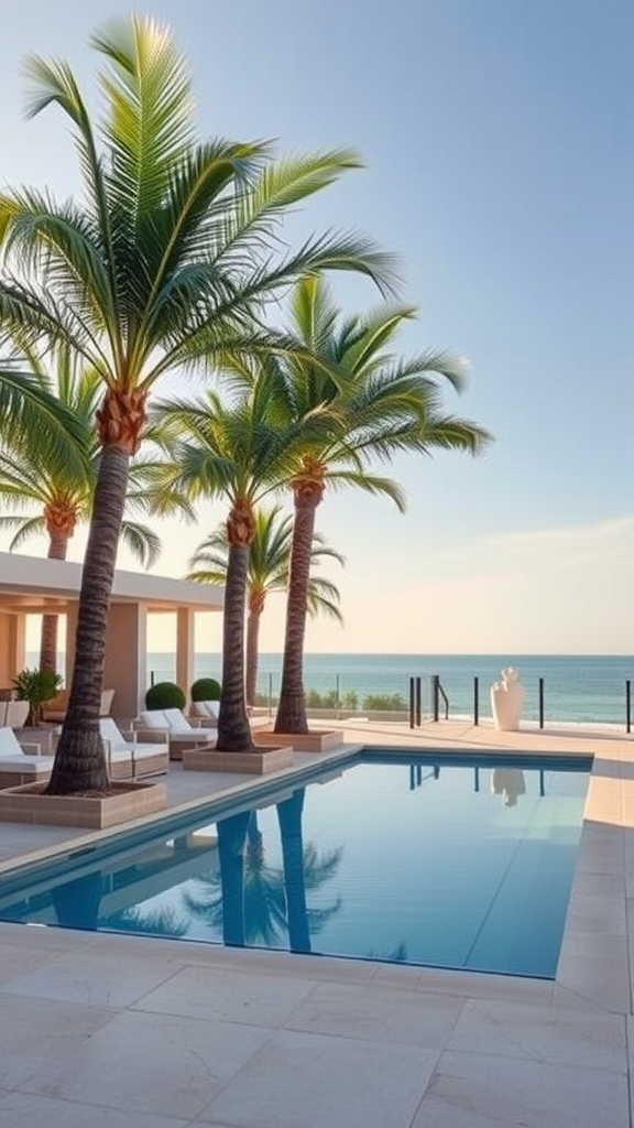 A modern swimming pool surrounded by palm trees and a beach view