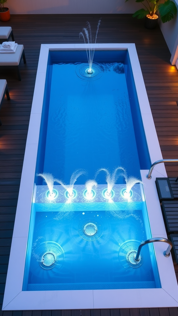 A small rectangular pool with deck jets creating water arcs, surrounded by a wooden deck and soft lighting.