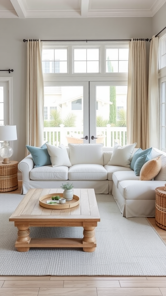 A bright coastal living room with a neutral color palette, featuring a large white couch, wooden coffee table, and natural light streaming through large windows.